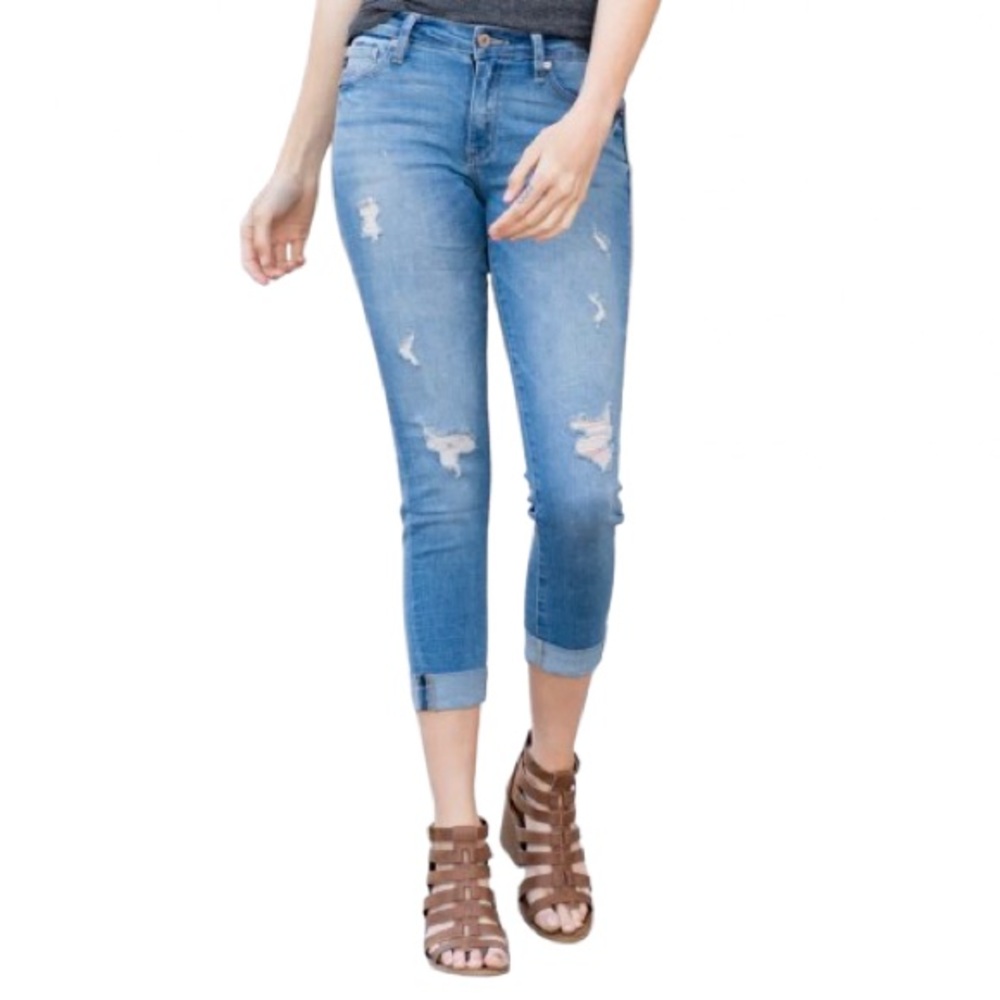 Kancan Bradwell Mid Rise Cuffed Skinny Capri Distressed Medium Wash Jeans